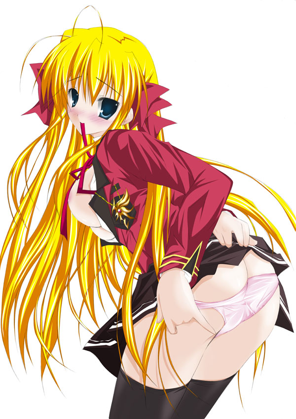 yagami shuuichi, sendou erika, fortune arterial, bad id, bad pixiv id, 1girl, ass, breasts, butt crack, colored lapels, female focus, lapels, large breasts, long hair, mouth hold, panties, solo, thighhighs, underwear, very long hair, zettai ryouiki