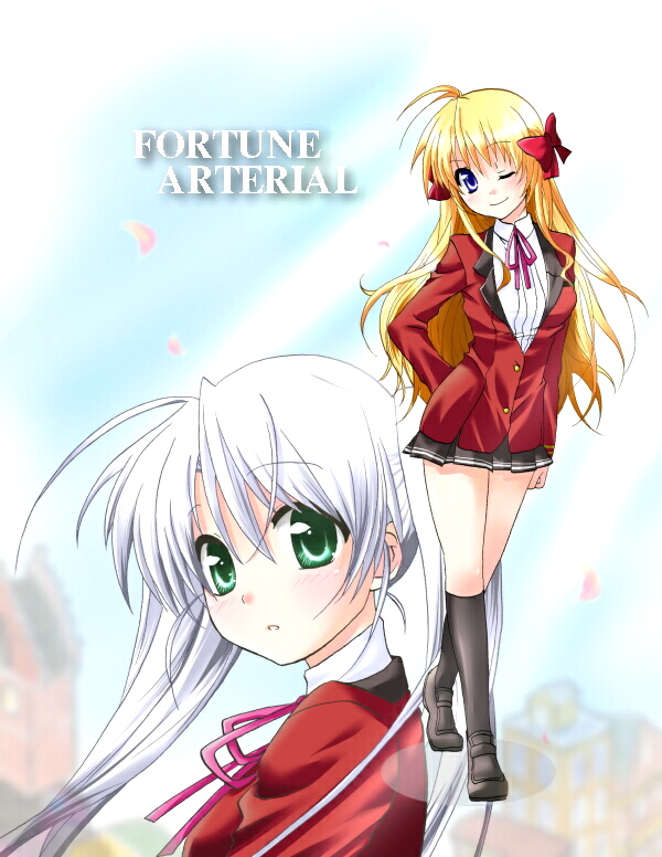 komo da, sendou erika, tougi shiro, fortune arterial, black legwear, bad id, bad pixiv id, 2girls, ;), ahoge, black skirt, blush, colored lapels, head tilt, lapels, loafers, long hair, long sleeves, looking at viewer, miniskirt, multiple girls, one eye closed, pleated skirt, shoes, skirt, smile, tareme, very long hair