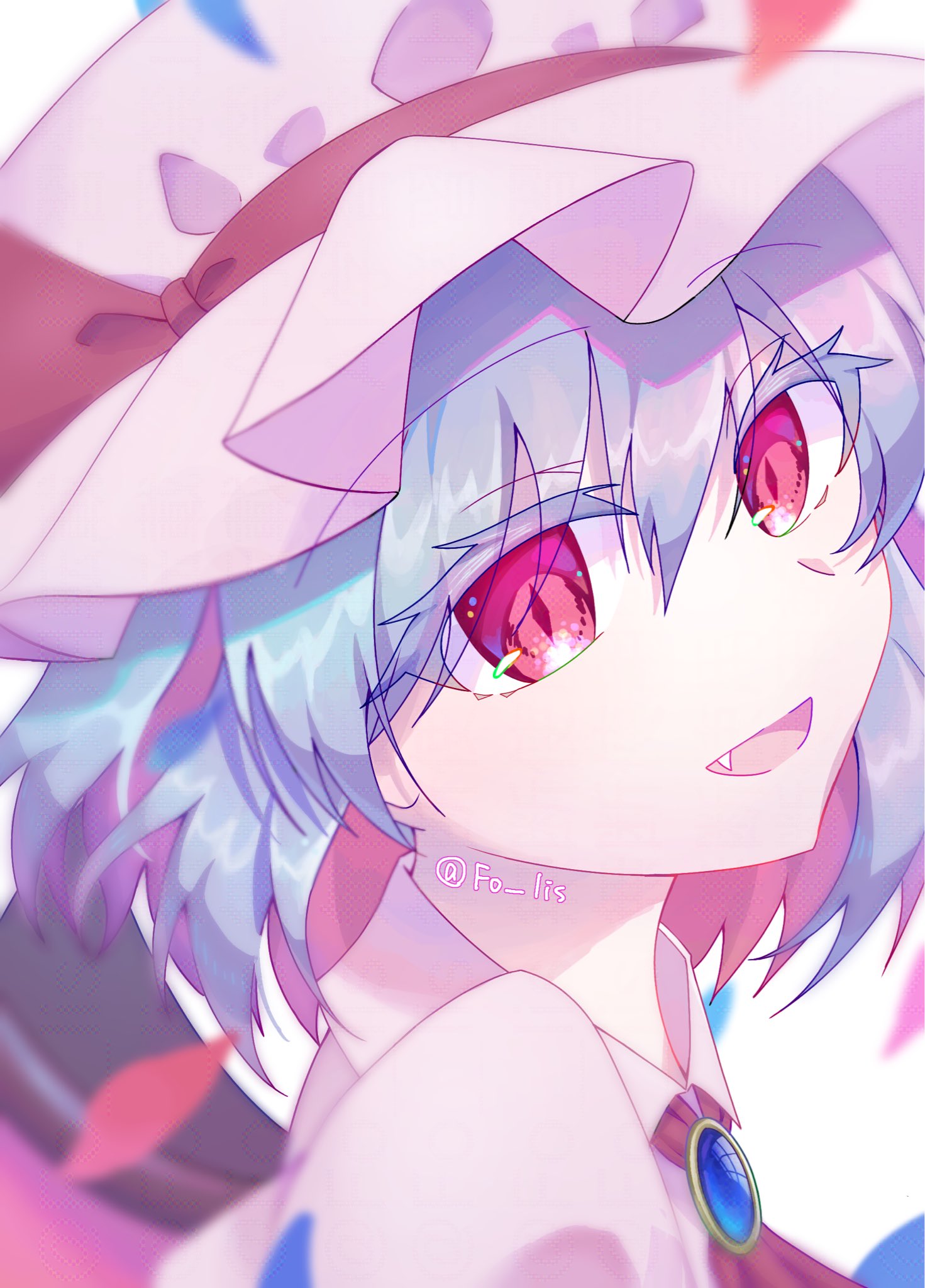 remilia scarlet, touhou, highres, 1girl, bat wings, blue gemstone, blue hair, bow, dress, fo ris, gem, hat, mob cap, open mouth, red eyes, ribbon, short hair, smile, solo, vampire, wings