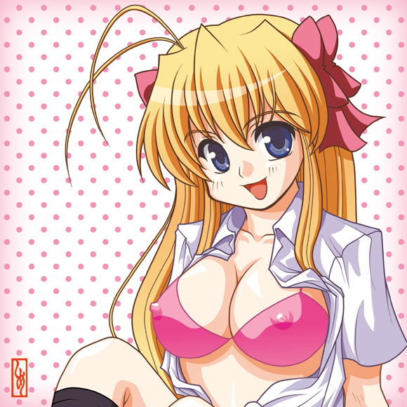 shimeta hiromitsu, sendou erika, fortune arterial, 1girl, antenna hair, blonde hair, blue eyes, bra, breasts, covered erect nipples, female focus, large breasts, lingerie, long hair, solo, underwear