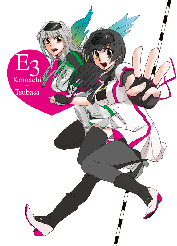 fuji okayu, yamatoya, silver hair, bad id, bad pixiv id, 2girls, black hair, boots, breasts, brown eyes, fingerless gloves, gloves, holding hands, large breasts, long hair, multiple girls, open mouth, pantyhose, school uniform, thighhighs, wings, yellow eyes