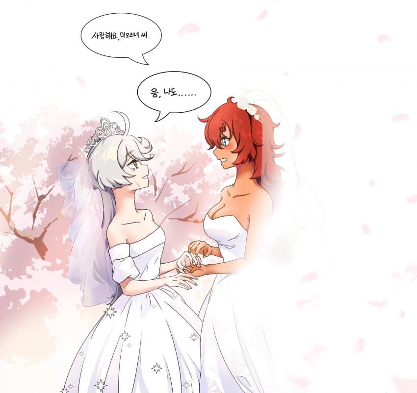 cottonswab336, miorine rembran, suletta mercury, gundam, gundam suisei no majo, translation request, 2girls, ahoge, crying, crying with eyes open, dress, holding hands, korean text, looking at another, multiple girls, red hair, speech bubble, tears, wedding, wedding dress, white hair, yuri