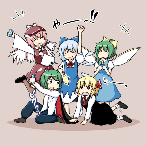 rokunen, cirno, daiyousei, mystia lorelei, rumia, wriggle nightbug, touhou, brown legwear, bad id, bad pixiv id, > <, 5girls, :d, ^^^, ^ ^, animal ears, antennae, black dress, blonde hair, blue dress, blue hair, bow, cape, circled 9, closed eyes, dress, female focus, green eyes, green hair, hair bow, hair ribbon, hat, multiple girls, necktie, open mouth, pink hair, ponytail, red eyes, ribbon, short hair, smile, team 9 (touhou), u9b29u5305uff7duff76u7e5duff7bu30fbuff6du90e2u6662uff7duff7bu7e5duff7bu30fbuff68, wings, xd