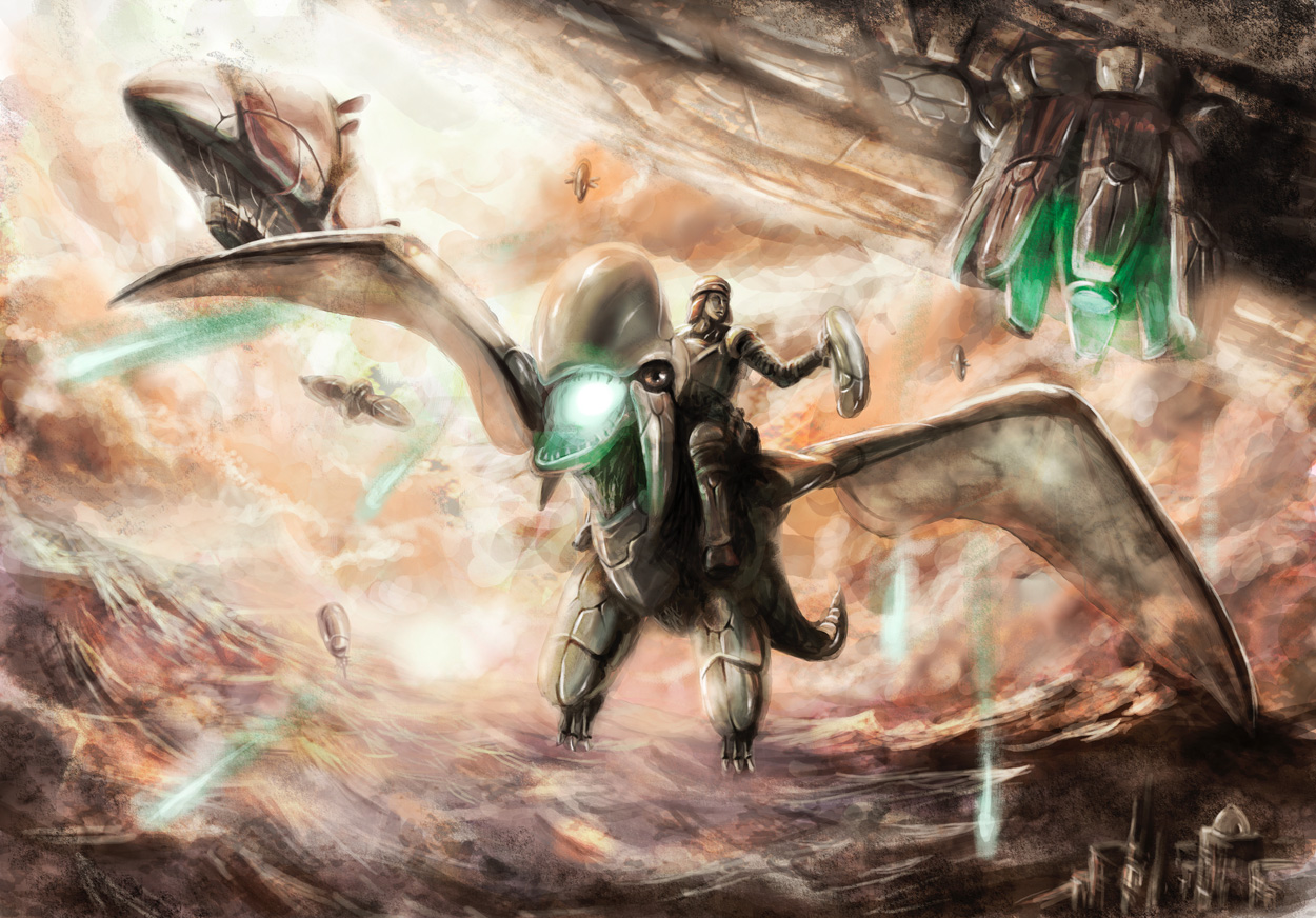 poo (saku), saku (saku9595), jean-luc lundi, keil fudge, lagi, panzer dragoon, panzer dragoon zwei, sega, 1boy, cloud, flying, gun, male focus, outdoors, sky, solo, weapon