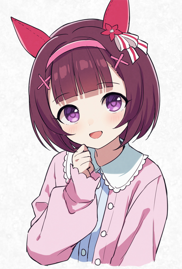 mauve, nishino flower (casual) (umamusume), nishino flower (umamusume), umamusume, 1girl, animal ears, blunt bangs, blush, bow, brown hair, cardigan, casual, ear bow, ear covers, hair ornament, hairband, headband, horse ears, horse girl, long sleeves, looking at viewer, open mouth, pink cardigan, pink hairband, purple eyes, shirt, short hair, smile, upper body, white shirt, x hair ornament