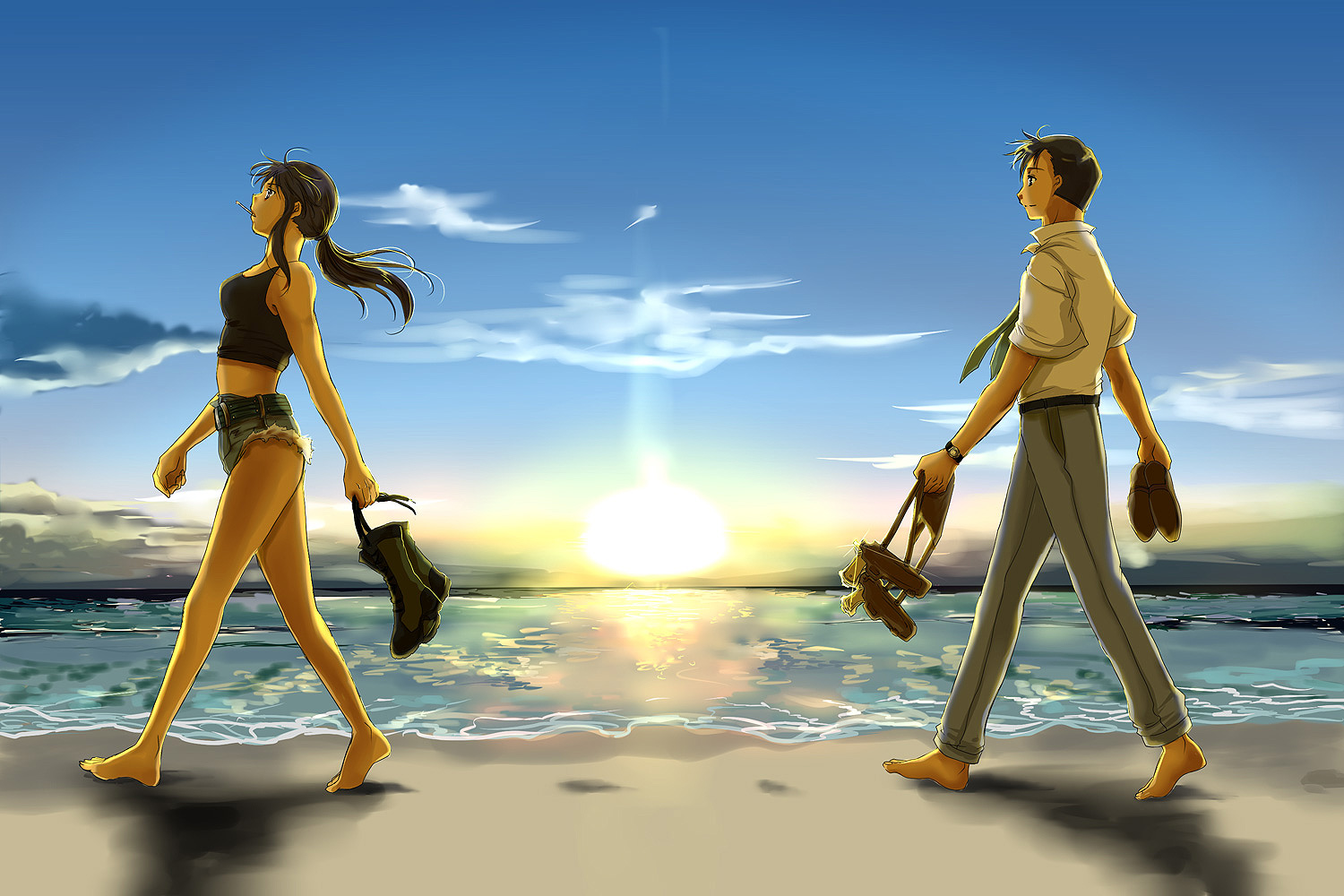 yonomori mayu, okajima rokuro, revy (black lagoon), black lagoon, holding footwear, 00s, 1boy, 1girl, artistic error, barefoot, beach, boots, brown eyes, brown hair, cigarette, cloud, day, denim, denim shorts, feet, gun, gun holster, holding, holding boots, holding shoes, holding unworn clothes, holster, lace-up boots, legs, long hair, necktie, outdoors, shirt, shoes, short shorts, shorts, sky, slice of life, sunset, tank top, unworn boots, unworn shoes, water, weapon