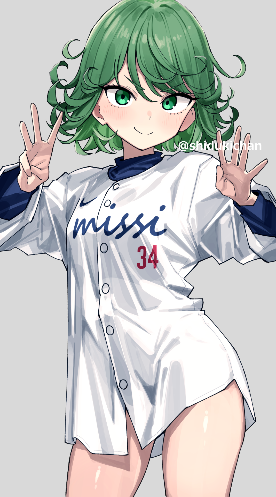 shigatsu shizuki, tatsumaki, one-punch man, highres, 1girl, baseball uniform, blush, closed mouth, curly hair, green eyes, grey background, hands up, looking at viewer, shirt, short hair, simple background, smile, solo, sportswear, standing, thighs, twitter username, white shirt