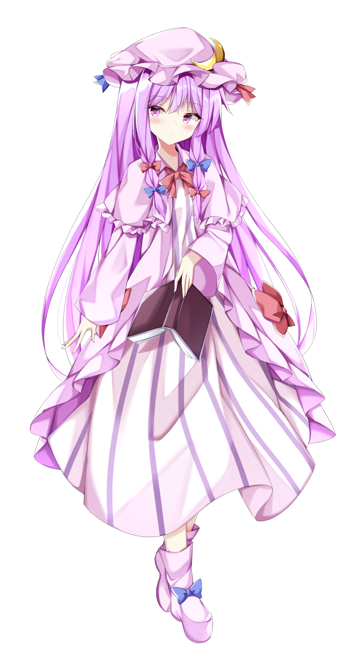 sabana, patchouli knowledge, touhou, absurdres, commentary request, commission, highres, partial commentary, pixiv commission, 1girl, blue bow, book, bow, crescent, crescent hat ornament, dress, footwear bow, frilled hat, frills, full body, hair bow, hat, hat ornament, holding, holding book, long hair, long sleeves, looking at viewer, mob cap, neck ribbon, pink hat, pink robe, pink shoes, purple eyes, purple hair, red bow, red ribbon, ribbon, robe, shoes, sidelocks, simple background, solo, straight hair, striped clothes, striped dress, tachi-e, transparent background, two-tone dress, vertical-striped clothes, vertical-striped dress, very long hair