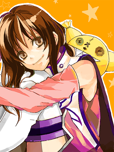 anise tatlin, tokunaga (tales), tales of (series), tales of the abyss, 00s, 1girl, aged up, brown eyes, brown hair, doll, female focus, hair down, long hair, orange background, smile, solo