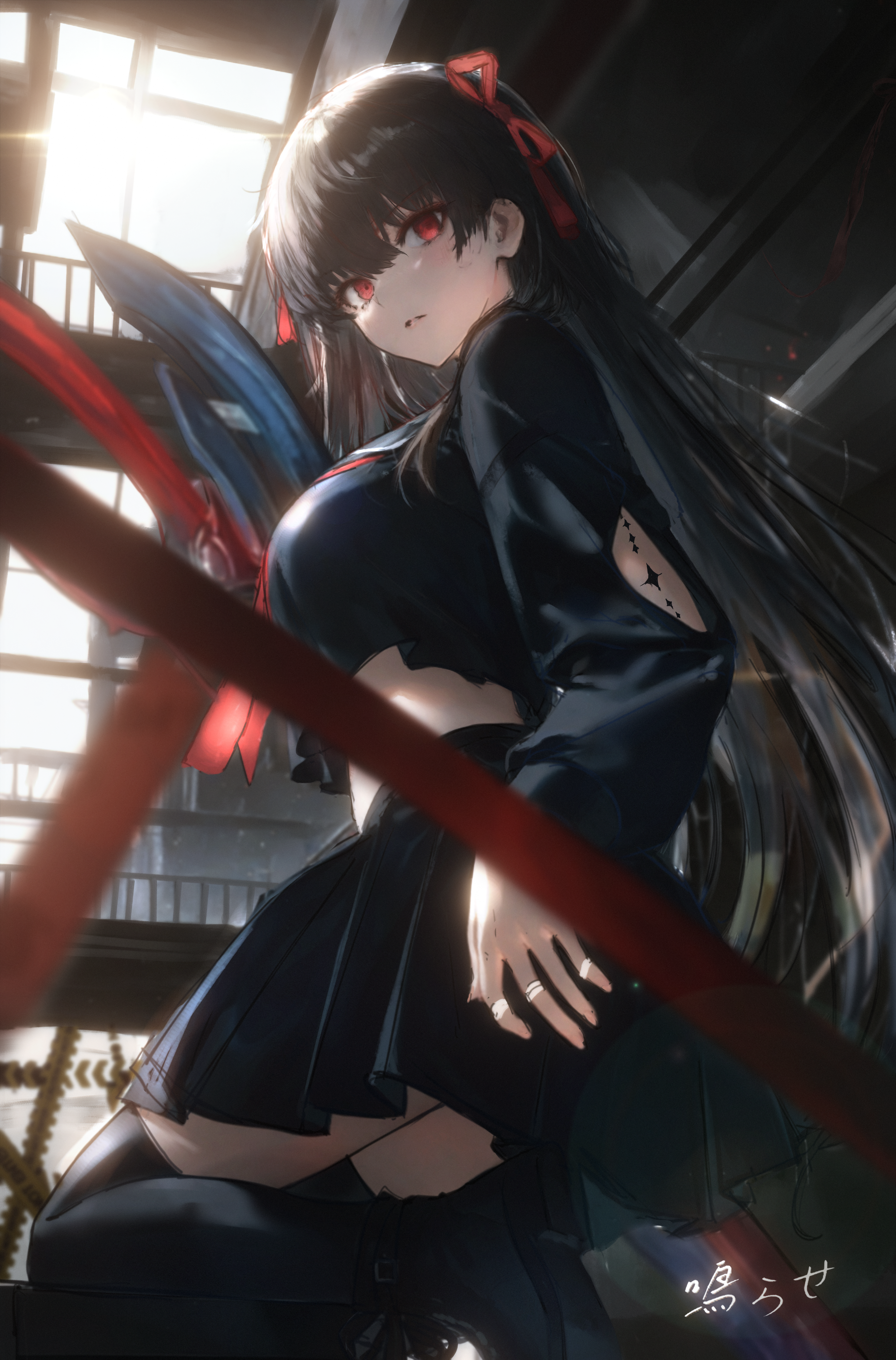 narase (ffrv5573), chisa (wuthering waves), wuthering waves, absurdres, commentary, english commentary, highres, 1girl, arm cutout, black hair, black serafuku, black shirt, black skirt, blurry, blurry foreground, breasts, clothing cutout, crop top, hair ribbon, indoors, large breasts, long hair, long sleeves, looking back, red eyes, red ribbon, ribbon, school uniform, serafuku, shirt, skirt, solo, tacet mark (wuthering waves), thighs, very long hair
