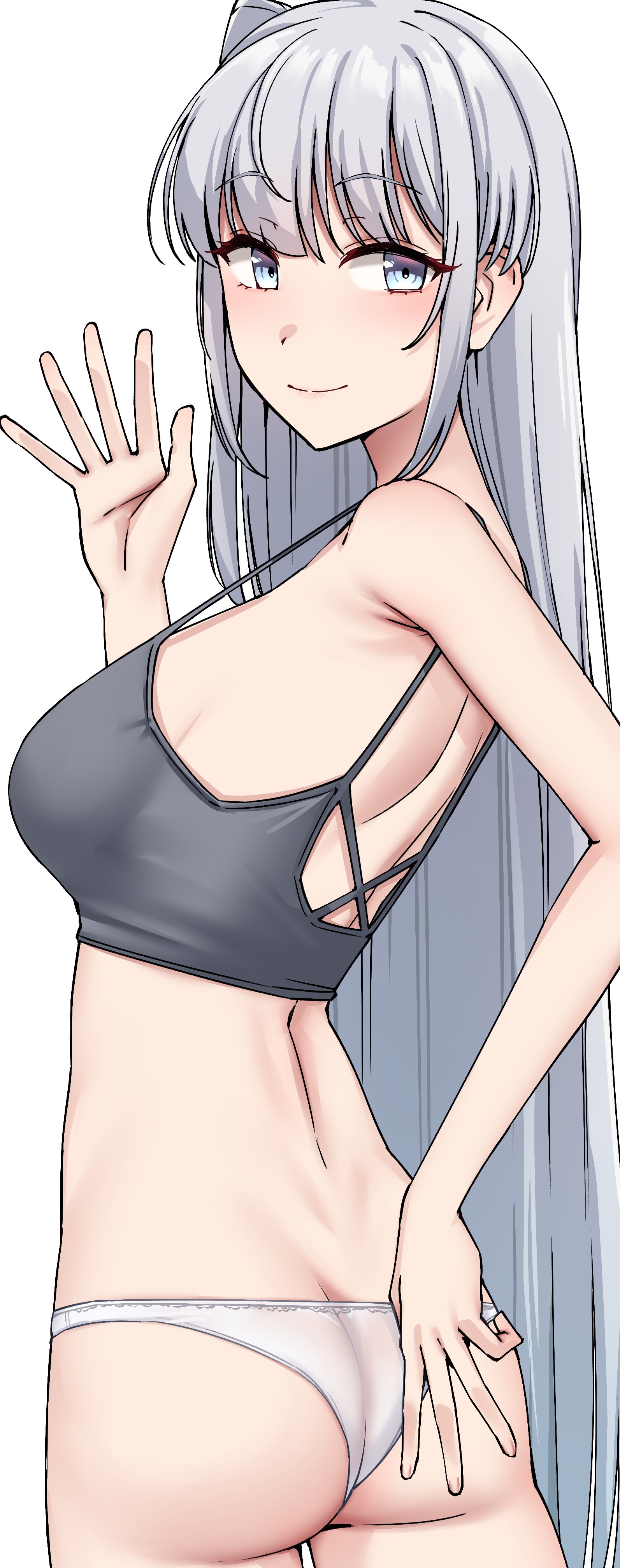 kiritto, fuyutsuki (kancolle), kantai collection, absurdres, highres, 1girl, ass, bra, butt crack, grey bra, grey eyes, grey hair, long hair, looking at viewer, looking back, one side up, panties, simple background, solo, underwear, underwear only, very long hair, waving, white background, white panties