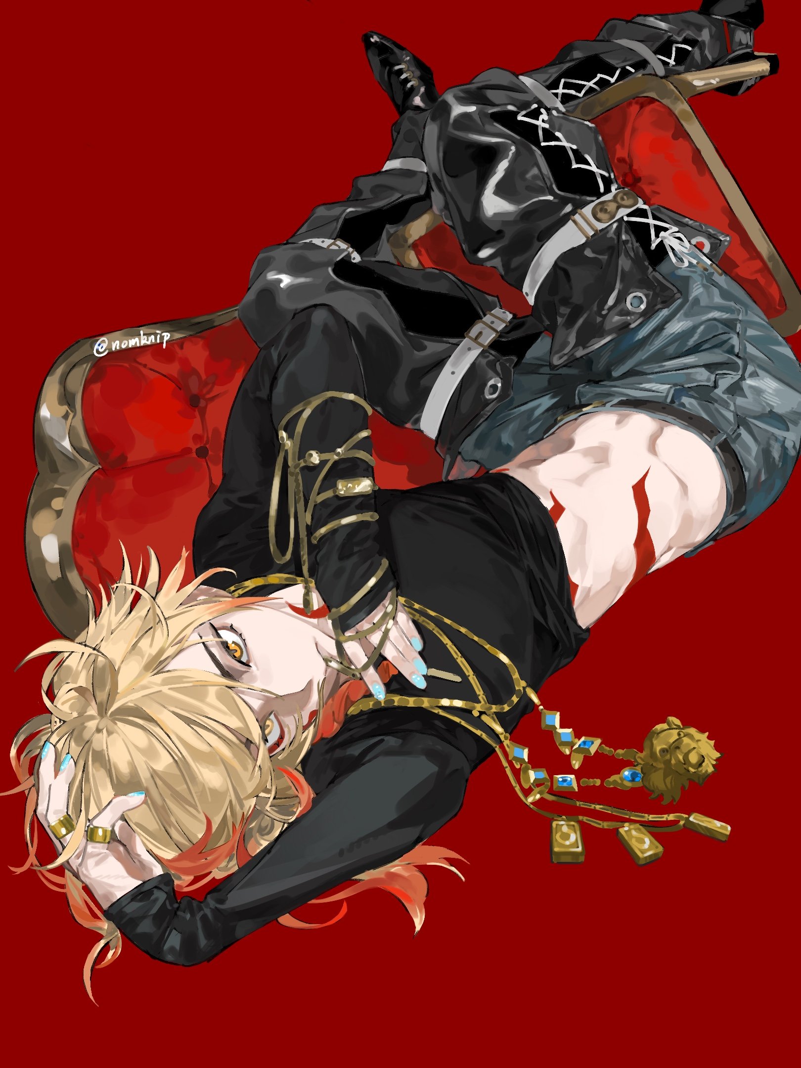 mydei (honkai: star rail), honkai: star rail, honkai (series), bilingual commentary, chinese commentary, commentary, commentary request, english commentary, highres, mixed-language commentary, 1boy, abs, black pants, black shoes, black sweater, blonde hair, blue nails, clothes lift, facial tattoo, gold necklace, gold ring, gradient hair, jewelry, long sleeves, male focus, medium hair, multicolored hair, multiple rings, neck tattoo, necklace, nomknip33550336, pants, red background, red hair, red tattoo, ring, shirt lift, shoes, simple background, solo, sweater, tattoo, toned, toned male, twitter username, yellow eyes