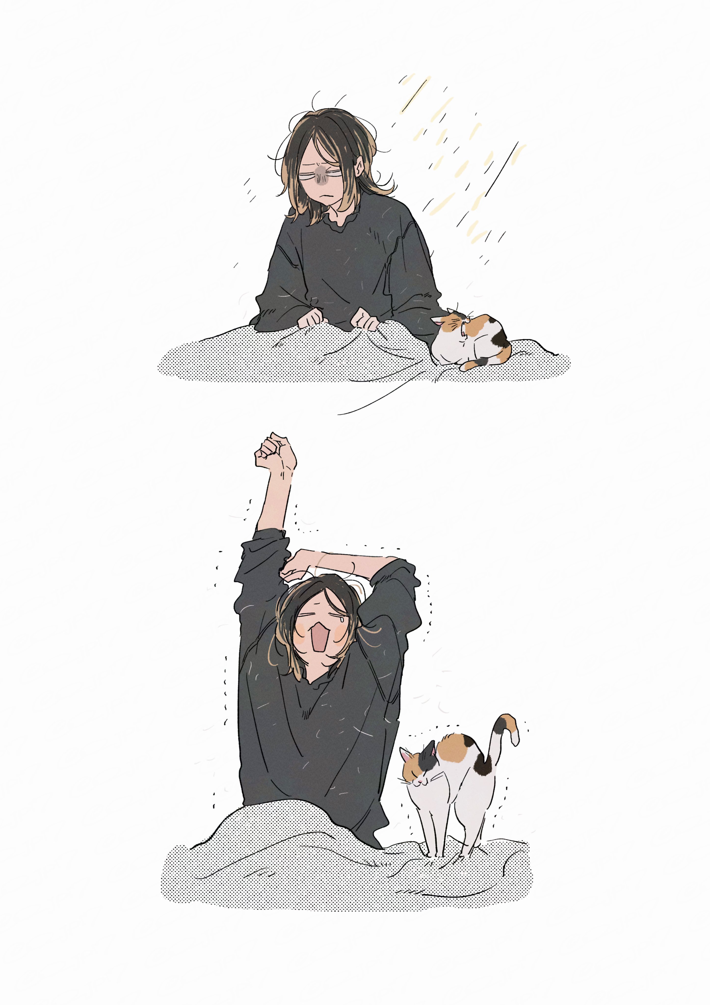 o (o jpi7), kozume kenma, haikyuu!!, absurdres, commentary request, highres, :<, animal, arms up, black hair, black shirt, blank eyes, blonde hair, blush, calico (pattern), calico cat, cat, closed mouth, crew neck, hair behind ear, long sleeves, multiple views, open mouth, sequential, shirt, simple background, sitting, stretching, under covers, waking up, white background, yawning