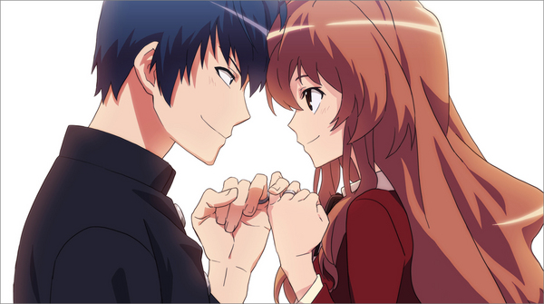 b255, pinkie, aisaka taiga, takasu ryuuji, toradora!, married, resized, blue hair, brown hair, couple, eye contact, jewelry, long hair, looking at another, pinky swear, pixiv thumbnail, ring, school uniform, short hair, smile