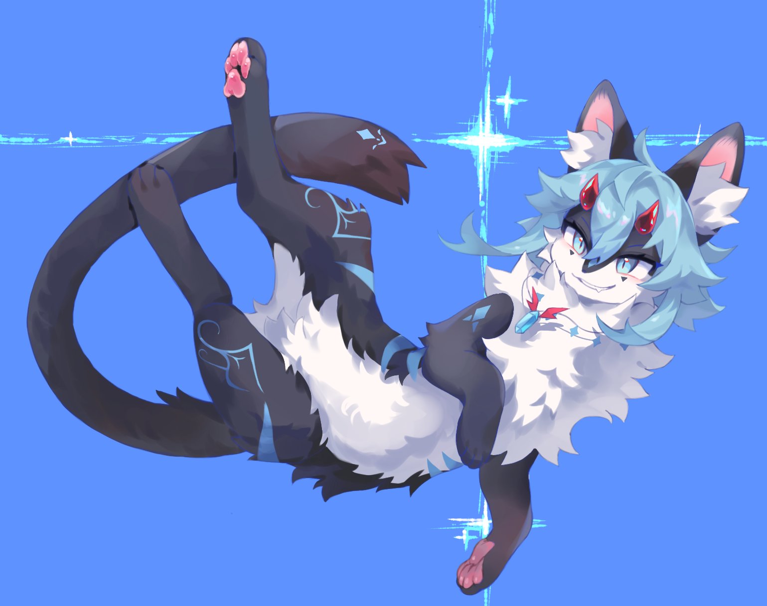 neku boo, original, commentary, commission, highres, animal, animal focus, animal with hair, black cat, black fur, blue background, blue eyes, blue hair, cat, falling, fluffy, grin, horns, jewelry, looking at viewer, necklace, no humans, pawpads, red horns, short hair, smile, solo, sparkle
