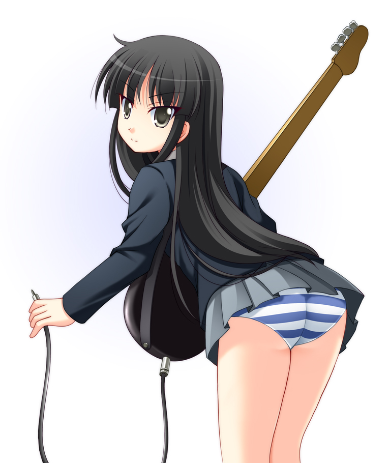 narutaki shin, akiyama mio, k-on!, 00s, 1girl, ass, bass guitar, black eyes, black hair, blunt bangs, female focus, from behind, guitar, hime cut, instrument, long hair, panties, pantyshot, school uniform, skirt, solo, striped clothes, striped panties, underwear, upskirt