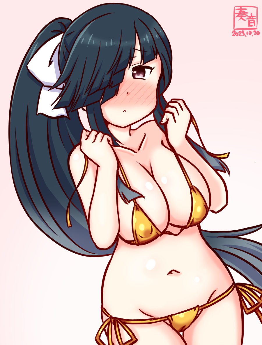kanon (kurogane knights), hayashimo (kancolle), kantai collection, 1girl, alternate hairstyle, artist logo, bikini, black hair, blush, brown eyes, covered erect nipples, cowboy shot, dated, gold bikini, gradient background, hair over one eye, logo, lowleg, lowleg bikini, micro bikini, nose blush, one-hour drawing challenge, pink background, ponytail, side-tie bikini bottom, solo, swimsuit, thigh gap