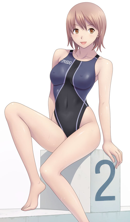 kuri (kurigohan), speedo (company), 1girl, bare arms, bare shoulders, barefoot, blush, breasts, brown eyes, brown hair, collarbone, competition swimsuit, covered erect nipples, feet, female focus, highleg, highleg one-piece swimsuit, medium breasts, one-piece swimsuit, shiny clothes, shiny skin, short hair, sitting, skin tight, smile, solo, swimsuit, wet, yellow eyes