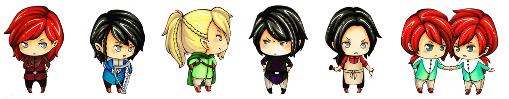 cheese-cake-panda, amras, amrod, caranthir, celegorm, curufin, maedhros, maglor, the silmarillion, tolkien's legendarium, 6+boys, amputee, apron, belt, black hair, blonde hair, braid, brothers, buckle, chibi, cloak, closed mouth, elf, full body, grey eyes, hammer, hands on own hips, harp, high ponytail, holding, holding harp, holding instrument, hood, instrument, looking at another, male focus, multiple boys, parted bangs, pointy ears, ponytail, red hair, siblings, standing, twins