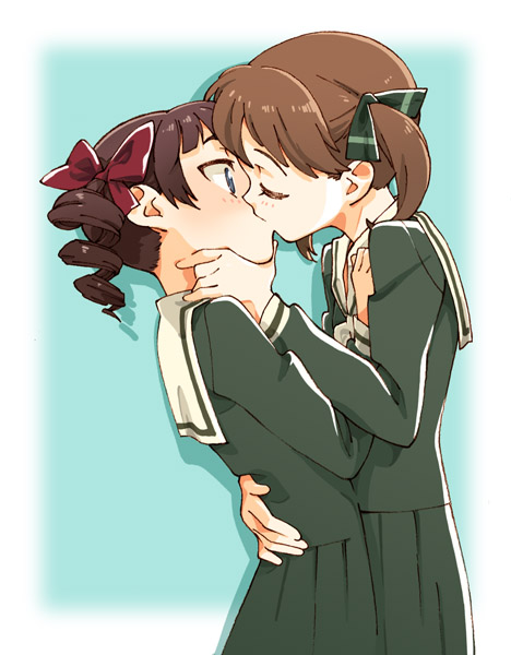 nse, fukuzawa yumi, matsudaira touko, maria-sama ga miteru, hand on back, 00s, 2girls, brown hair, closed eyes, drill hair, female focus, kiss, multiple girls, ribbon, school uniform, serafuku, surprised, twintails, yuri