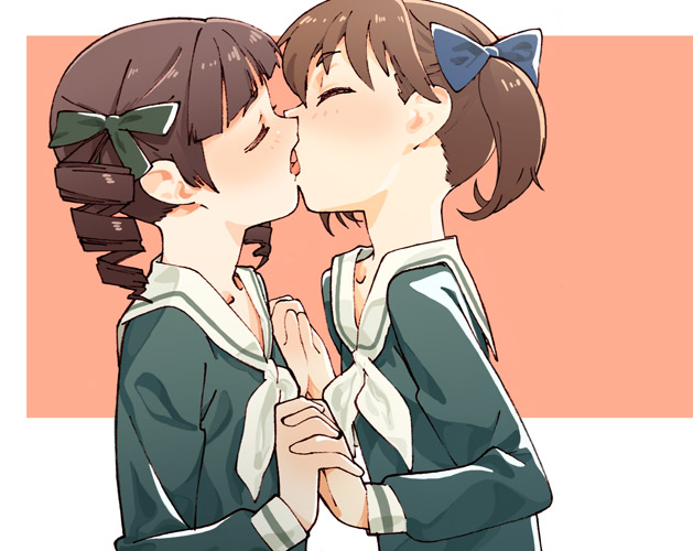 nse, fukuzawa yumi, matsudaira touko, maria-sama ga miteru, 00s, 2girls, bow, brown hair, closed eyes, couple, drill hair, female focus, french kiss, hair bow, hair ornament, holding hands, kiss, multiple girls, ribbon, school uniform, serafuku, tongue, twintails, yuri
