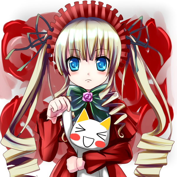 inoue toro, shinku, rozen maiden, > <, 00s, blonde hair, blue eyes, bonnet, cat, closed eyes, crossover, dress, drill hair, long hair, solo, twintails