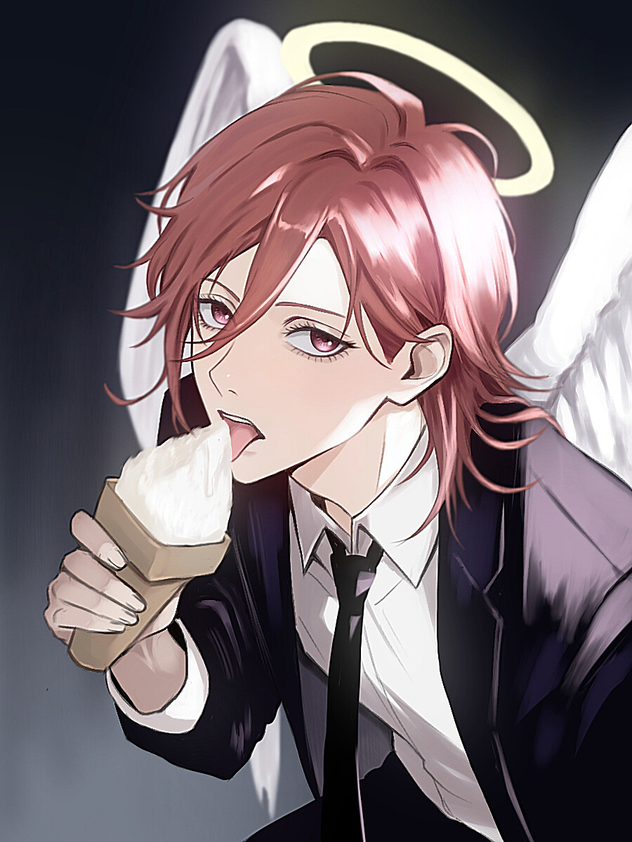 tori art07, angel devil (chainsaw man), chainsaw man, commentary, highres, symbol-only commentary, 1boy, androgynous, angel, angel wings, bishounen, black jacket, black necktie, black pants, black suit, collared shirt, double-parted bangs, eating, eyelashes, food, formal clothes, hair behind ear, hair between eyes, halo, holding, holding food, holding ice cream cone, ice cream cone, jacket, lapels, layered sleeves, long sleeves, looking to the side, male focus, necktie, notched lapels, open clothes, open jacket, pants, parted hair, red eyes, red hair, shirt, solo, suit, suit jacket, teeth, tongue, tongue out, upper teeth only, white shirt, white wings, wing collar, wings