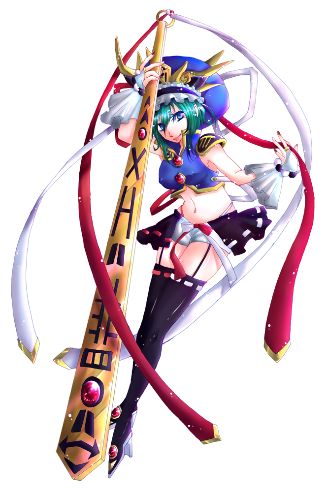 kanoue hiji, shiki eiki, touhou, bad id, bad pixiv id, 1girl, blue eyes, female focus, full body, green hair, hat, midriff, navel, ribbon, rod of remorse, skirt, solo, thighhighs, white background