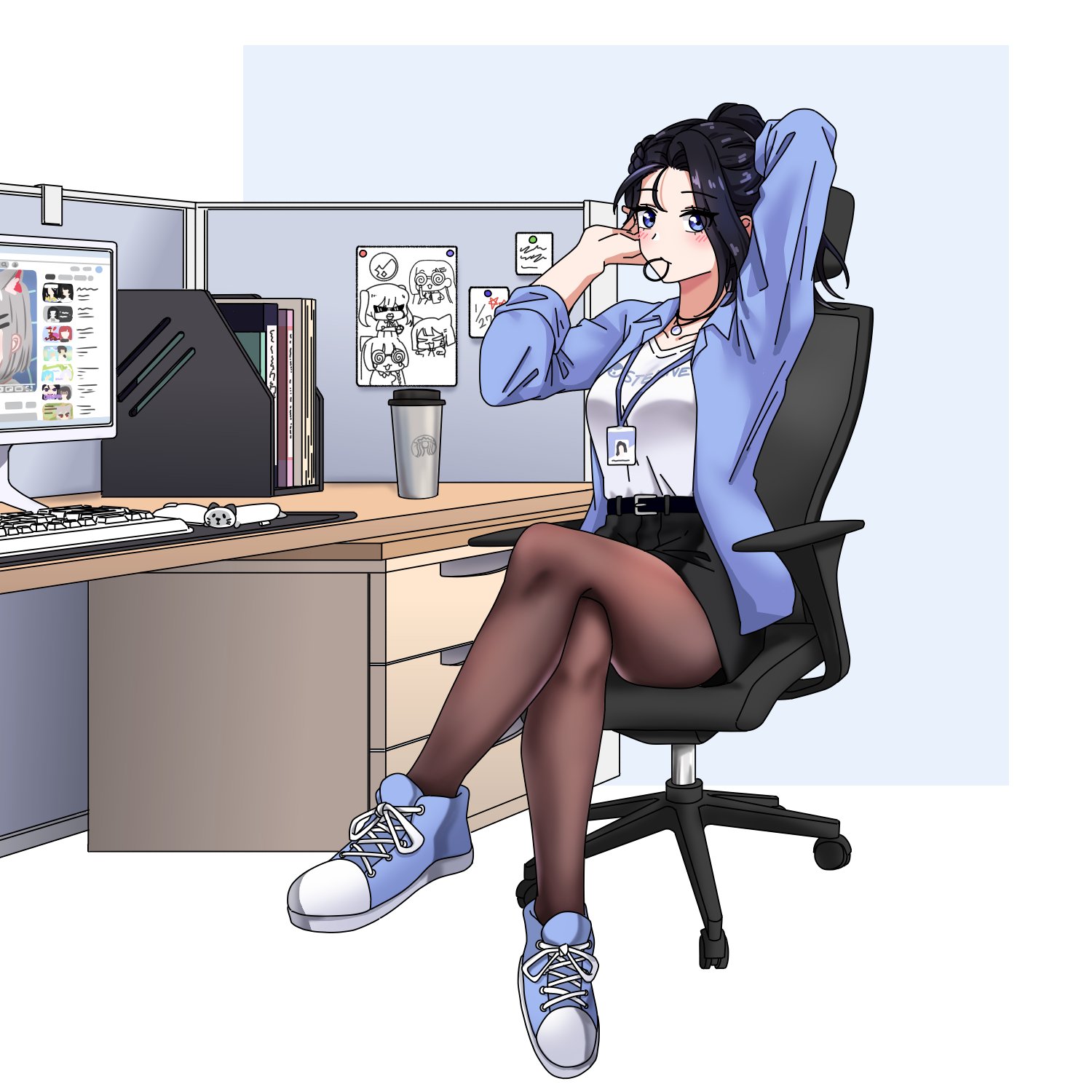 cottonswab336, akane lize, arahashi tabi, ive (stellive), neneko mashiro, shirayuki hina, stellive, highres, 5girls, black hair, blue eyes, chair, computer, crossed legs, desk, monitor, multiple girls, office, on chair, pantyhose, thighhighs