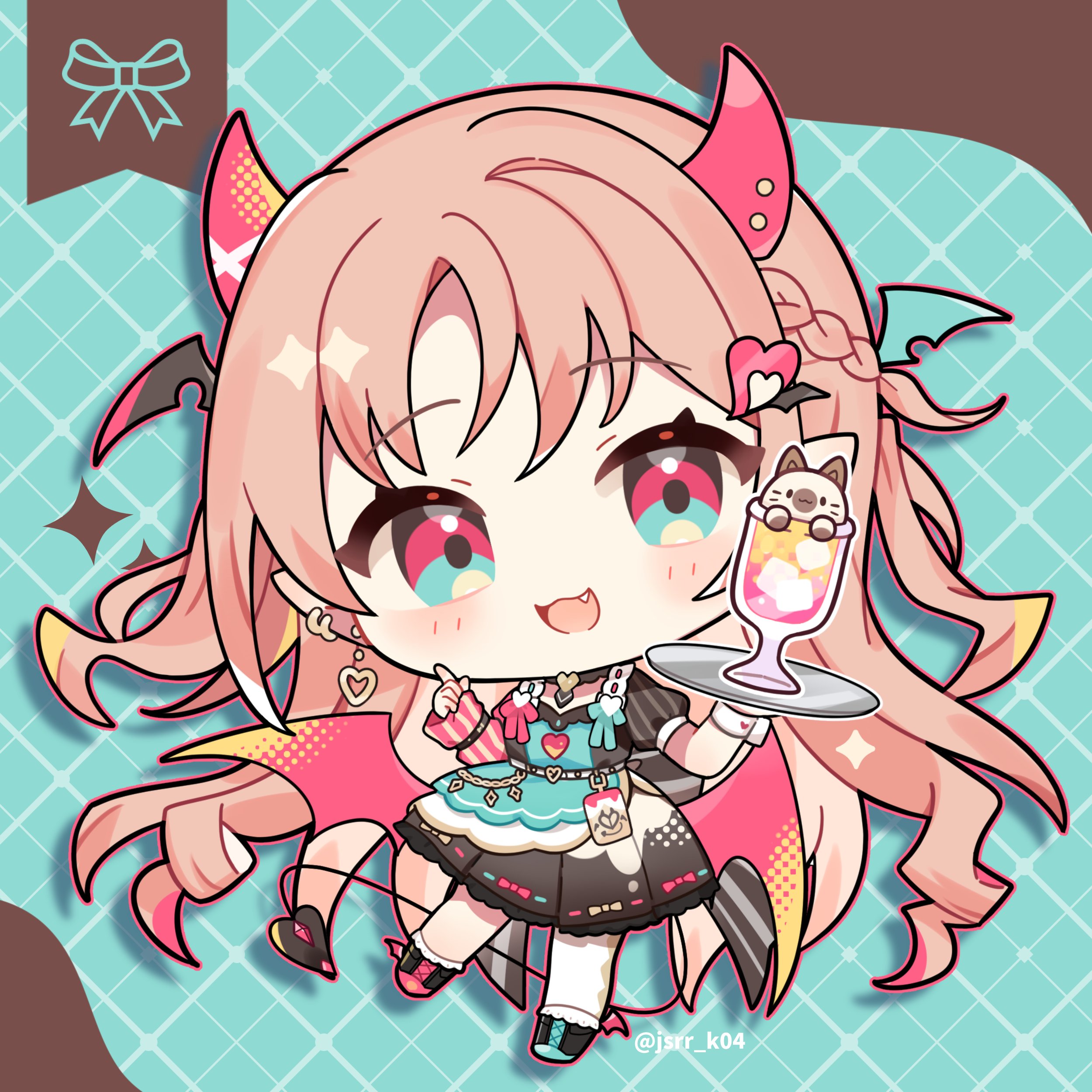 kashiwase karune, original, absurdres, commentary request, highres, 1girl, :3, :d, apron, black shoes, blue eyes, blush, brown dress, cat, chibi, chibi only, cup, demon girl, demon horns, demon tail, dress, drinking glass, fang, full body, green apron, green background, grid background, holding, holding tray, horns, long hair, looking at viewer, open mouth, orange hair, outline, pantyhose, pink horns, pink outline, shoes, short sleeves, single leg pantyhose, smile, solo, standing, striped sleeves, tail, tray, twitter username, very long hair, white pantyhose