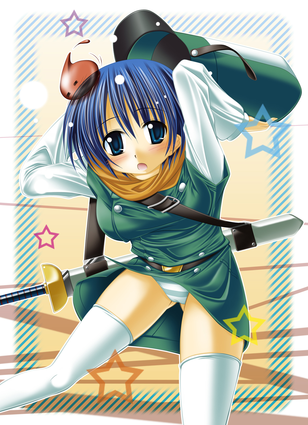 kai yuuki, clift, she-slime, slime (dragon quest), chunsoft, dragon quest, dragon quest iv, enix, framed, bad id, bad pixiv id, highres, 1girl, :o, = =, arms up, belt, blue eyes, blue hair, blush, breasts, buckle, buttons, cameltoe, clothes lift, colored skin, dress, dress lift, embarrassed, female focus, genderswap, genderswap (mtf), gradient background, grey panties, hair between eyes, hat, holding, large breasts, leaning forward, long sleeves, looking at viewer, monster, object on head, panties, pantyshot, red skin, short dress, short hair, skirt, solo, spread legs, standing, star (symbol), striped background, striped clothes, striped panties, surprised, sword, taut clothes, taut dress, thighhighs, transparent, underwear, unworn hat, unworn headwear, upskirt, weapon, white panties, white thighhighs, wind, wind lift, x-ray