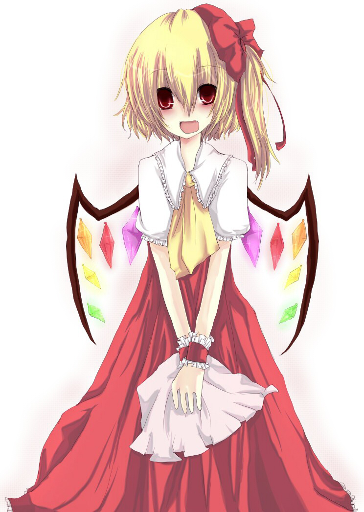 nekoword, nekowordhead, flandre scarlet, touhou, bad id, bad pixiv id, 1girl, adapted costume, blonde hair, blouse, collared shirt, female focus, hair between eyes, hair ribbon, hat, holding, holding unworn clothes, holding unworn hat, red eyes, red wrist cuffs, ribbon, shirt, side ponytail, solo, unworn hat, unworn headwear, white shirt, wings, wrist cuffs