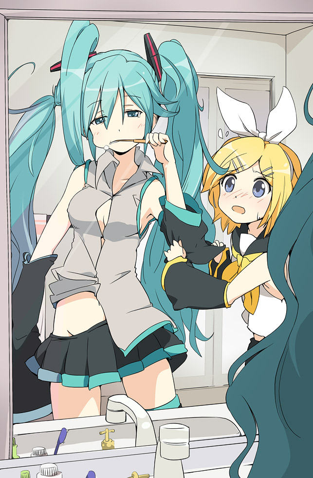 ixy, hatsune miku, kagamine rin, vocaloid, 2girls, aqua eyes, aqua hair, bathroom, blonde hair, blue eyes, brushing teeth, detached sleeves, hair ornament, hairclip, long hair, messy hair, midriff, mirror, multiple girls, no panties, open clothes, open shirt, reflection, ribbon, shirt, short hair, skirt, sleepy, slice of life, thighhighs, toothbrush, twintails, very long hair, zettai ryouiki