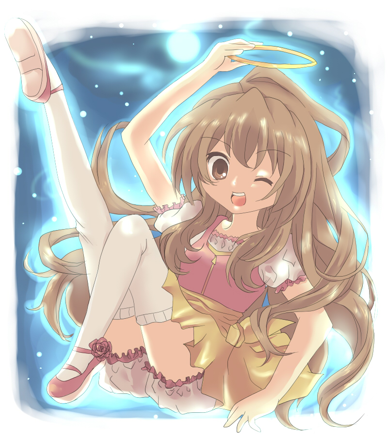 imo mushi, aisaka taiga, toradora!, 00s, bloomers, brown eyes, brown hair, halo, holding halo, long hair, one eye closed, solo, thighhighs, underwear, wink