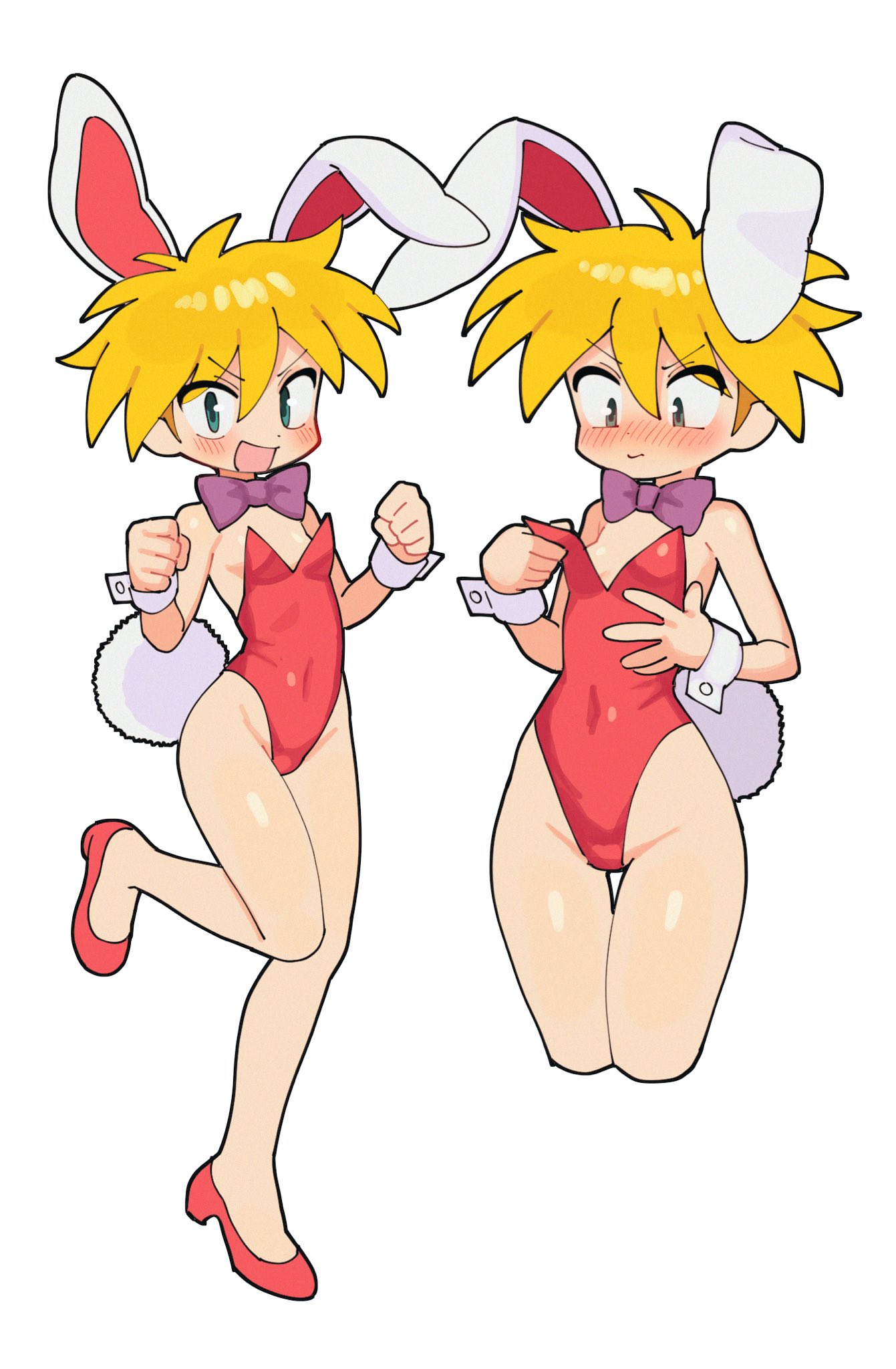 batrobin k, nanahikari rami, keiou yuugekitai, highres, 1girl, animal ears, blonde hair, bow, bowtie, breasts, dual persona, hair between eyes, leotard, playboy bunny, rabbit ears, rabbit tail, red leotard, red shoes, shoes, short hair, simple background, small breasts, tail, thigh gap, white background, wrist cuffs