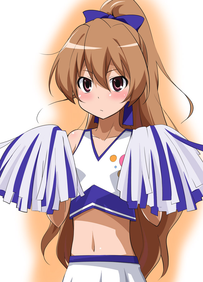 youkan, aisaka taiga, toradora!, 00s, 1girl, blush, brown hair, cheerleader, female focus, midriff, navel, pom pom (cheerleading), ponytail, skirt, solo
