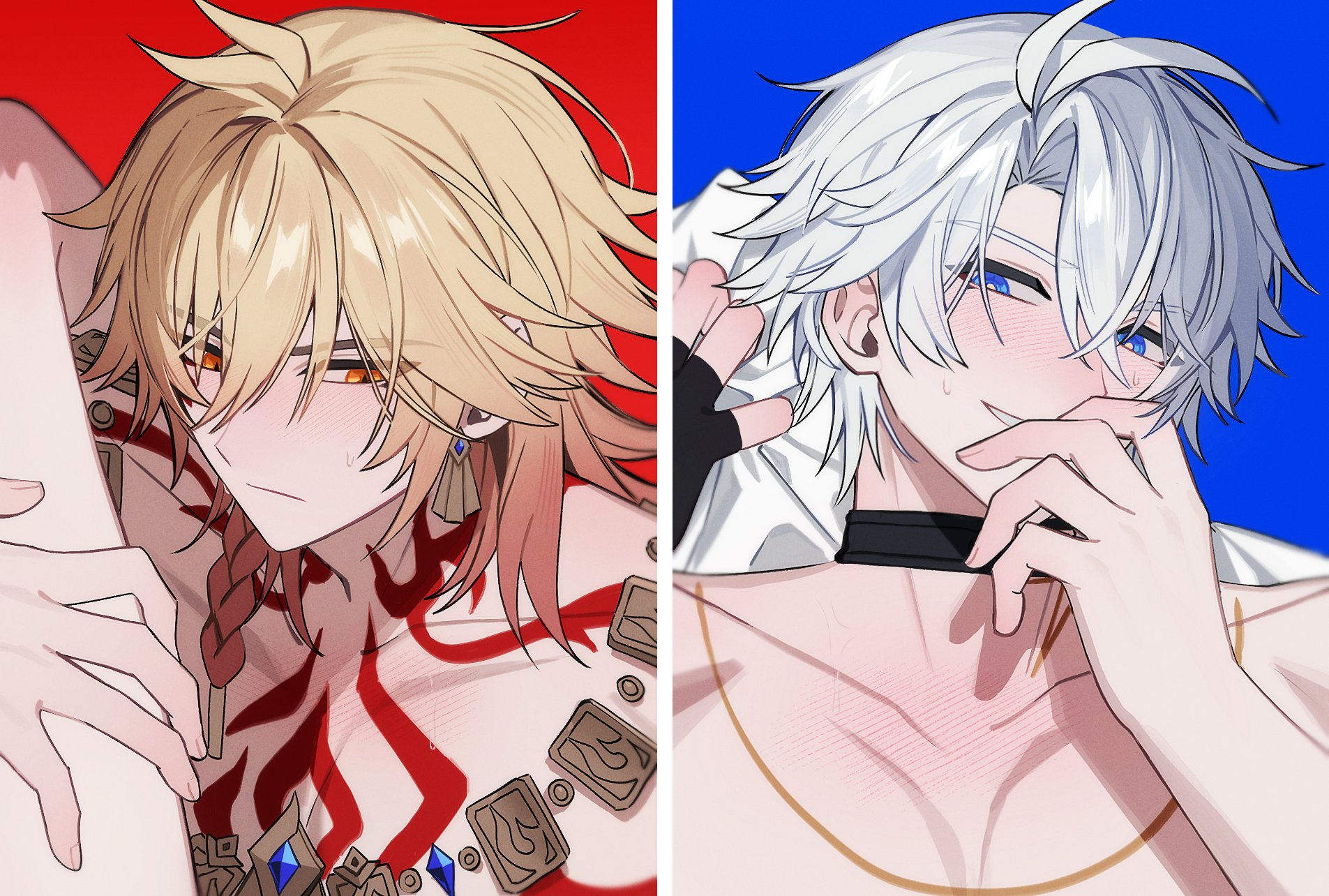 pin3909, mydei (honkai: star rail), phainon (honkai: star rail), honkai: star rail, honkai (series), holding another's thighs, hashtag-only commentary, highres, 2boys, antenna hair, black choker, blonde hair, blue eyes, blush, braid, chest tattoo, choker, facial tattoo, gold necklace, gradient hair, jewelry, leg lift, leg on another's shoulder, male focus, medium hair, multicolored hair, multiple boys, necklace, parted bangs, red hair, red tattoo, short hair, side braid, tattoo, topless male, white hair, yaoi, yellow eyes