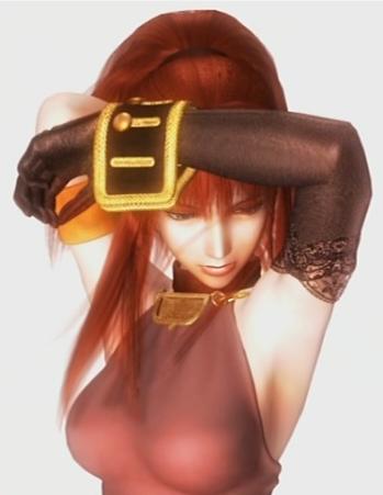 karin koenig, shadow hearts, shadow hearts ii, lowres, official art, 1girl, 3d, armpits, breasts, cuffs, elbow gloves, female focus, gloves, long hair, red hair, solo, upper body
