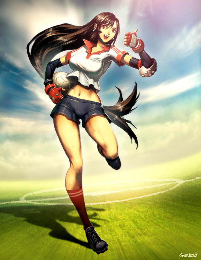 genzoman, tifa lockhart, final fantasy, final fantasy vii, 1990s (style), 1girl, ball, clothes writing, cloud, day, female focus, gloves, legs, long hair, playing sports, red eyes, retro artstyle, shorts, sky, smile, soccer, soccer ball, solo, thumbs up