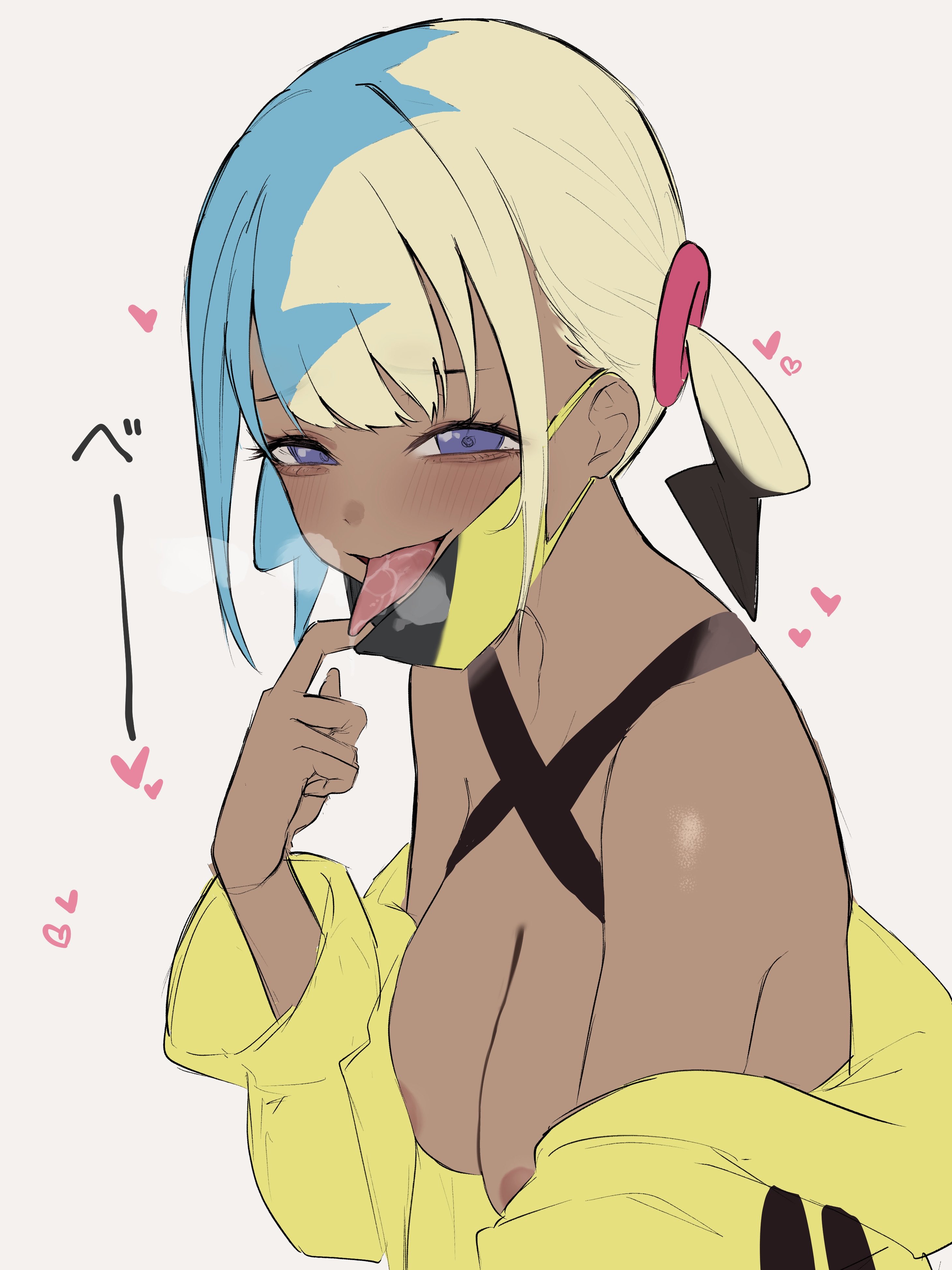 dera self, canari (pokemon), nintendo, pokemon, pokemon legends: z-a, absurdres, commentary request, highres, 1girl, aqua hair, bandeau, black mask, blonde hair, breasts, breath, criss-cross halter, halterneck, jacket, looking at viewer, mask, mask pull, mouth mask, multicolored hair, nipples, short twintails, solo, split-color hair, steam, sweat, tongue, tongue out, twintails, two-tone mask, upper body, yellow bandeau, yellow jacket, yellow mask