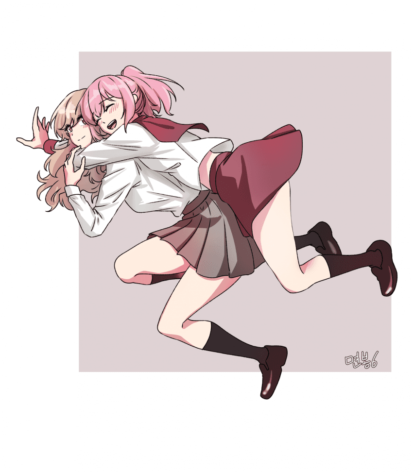 cottonswab336, amaori haruna, sena ajisai, watashi ga koibito ni nareru wake naijan murimuri!, 2girls, blush, embarrassed, full body, hug, hug from behind, multiple girls, pink hair, ponytail, school uniform, yuri