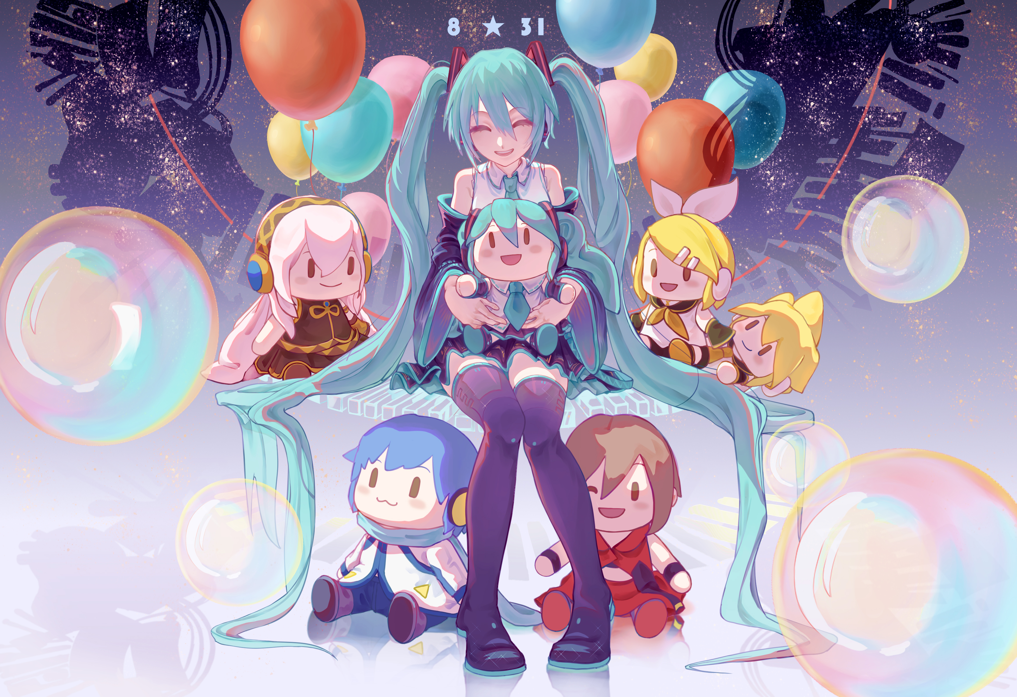 hailio, hatsune miku, kagamine len, kagamine rin, kaito (vocaloid), megurine luka, meiko (vocaloid), vocaloid, absurdres, highres, 1girl, aqua eyes, aqua hair, aqua necktie, aqua trim, balloon, black skirt, boots, closed eyes, dated, detached sleeves, hair between eyes, hair ornament, holding, holding stuffed toy, long hair, long sleeves, necktie, open mouth, pleated skirt, shirt, sitting, skirt, smile, solo, stuffed toy, thigh boots, twintails, very long hair, white shirt, wide sleeves
