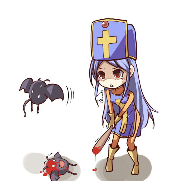 ygo (kintsuba), dracky, priest (dq3), chunsoft, dragon quest, dragon quest iii, enix, 1girl, baseball bat, bat (animal), blood, blue hair, blue hat, blue tabard, boots, chibi, cross, cross print, hat, long hair, mitre, monster, red eyes, tabard, tears, triangle mouth, weapon