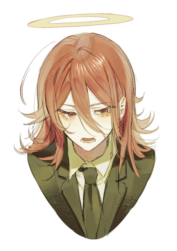 angel devil (chainsaw man), chainsaw man, commentary request, korean commentary, 1boy, androgynous, angel, black jacket, black necktie, collared shirt, cropped torso, double-parted bangs, eyelashes, hair behind ear, hair between eyes, halo, jacket, lapels, looking to the side, male focus, medium hair, necktie, notched lapels, red eyes, shirt, sideways glance, simple background, soft bon d, solo, suit jacket, white background, white shirt, wing collar