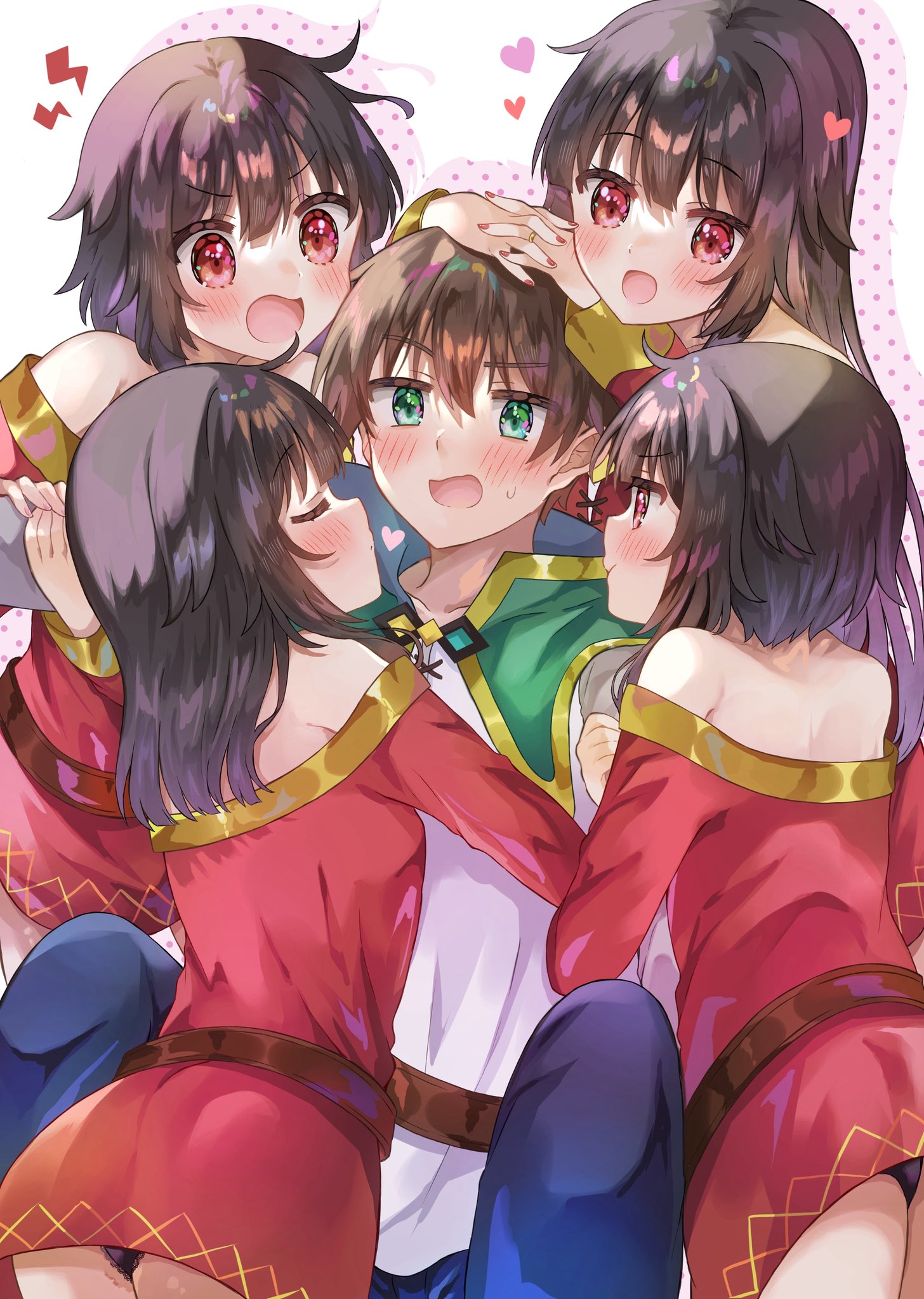 yuno (suke yuno), megumin, satou kazuma, kono subarashii sekai ni shukufuku wo!, commentary, highres, textless version, 1boy, 4girls, :d, age progression, aged up, alternate hair length, alternate hairstyle, arm hug, ass, back, bare shoulders, black hair, black panties, blunt bangs, blush, brown hair, cape, closed mouth, cowboy shot, dress, eyes visible through hair, frown, green cape, green eyes, hands on another's head, happy, heart, hetero, hug, imminent kiss, jewelry, long hair, long sleeves, looking at another, medium hair, multiple girls, multiple persona, nail polish, off-shoulder dress, off shoulder, open mouth, panties, pout, red dress, red eyes, red nails, ring, short dress, short hair, short hair with long locks, simple background, smile, straight hair, sweatdrop, underwear, v-shaped eyebrows, very long hair, wedding ring, white background, wide sleeves