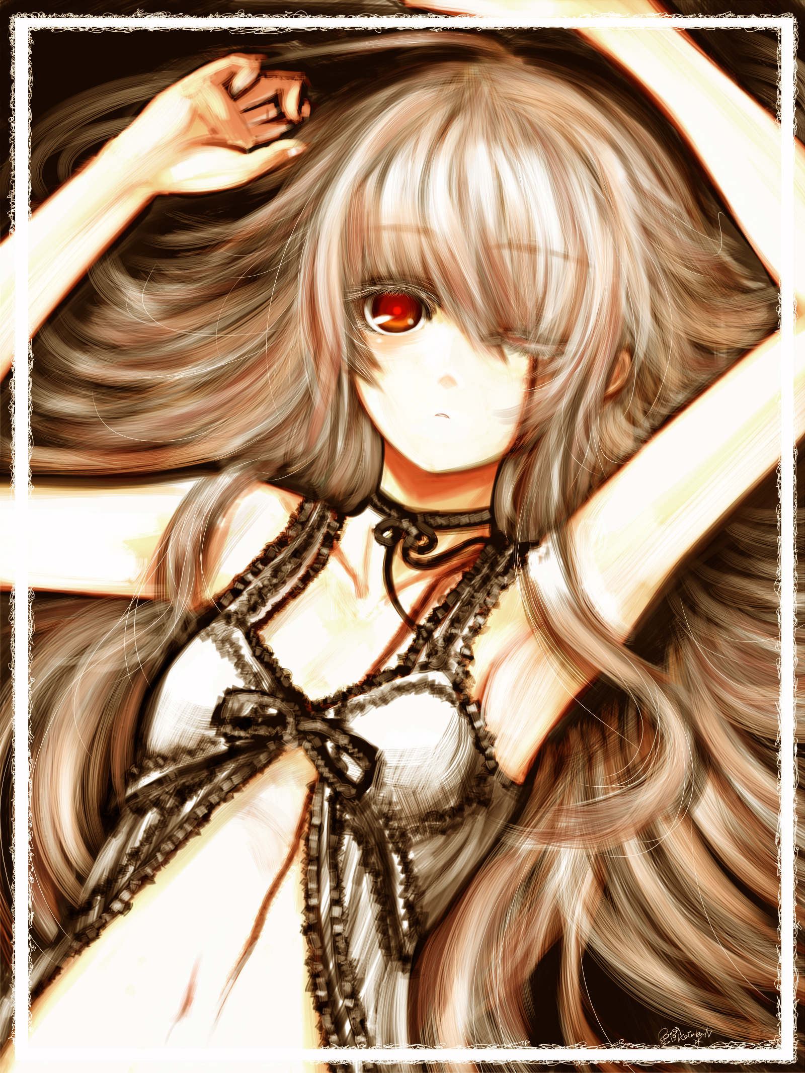kotoba noriaki, hinomaru (kotoba), original, silver hair, highres, 1girl, armpits, arms up, babydoll, brown hair, chemise, choker, colored eyelashes, eyelashes, female focus, flat chest, hair over one eye, lingerie, long hair, midriff, missing eye, nichi no maru, red eyes, scar, solo, underwear