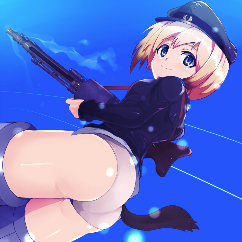 kasai shin, erica hartmann, strike witches, world witches series, 00s, 1girl, ass, blonde hair, blue eyes, day, female focus, gun, hat, machine gun, panties, peaked cap, rifle, short hair, sky, smile, solo, tail, underwear, weapon