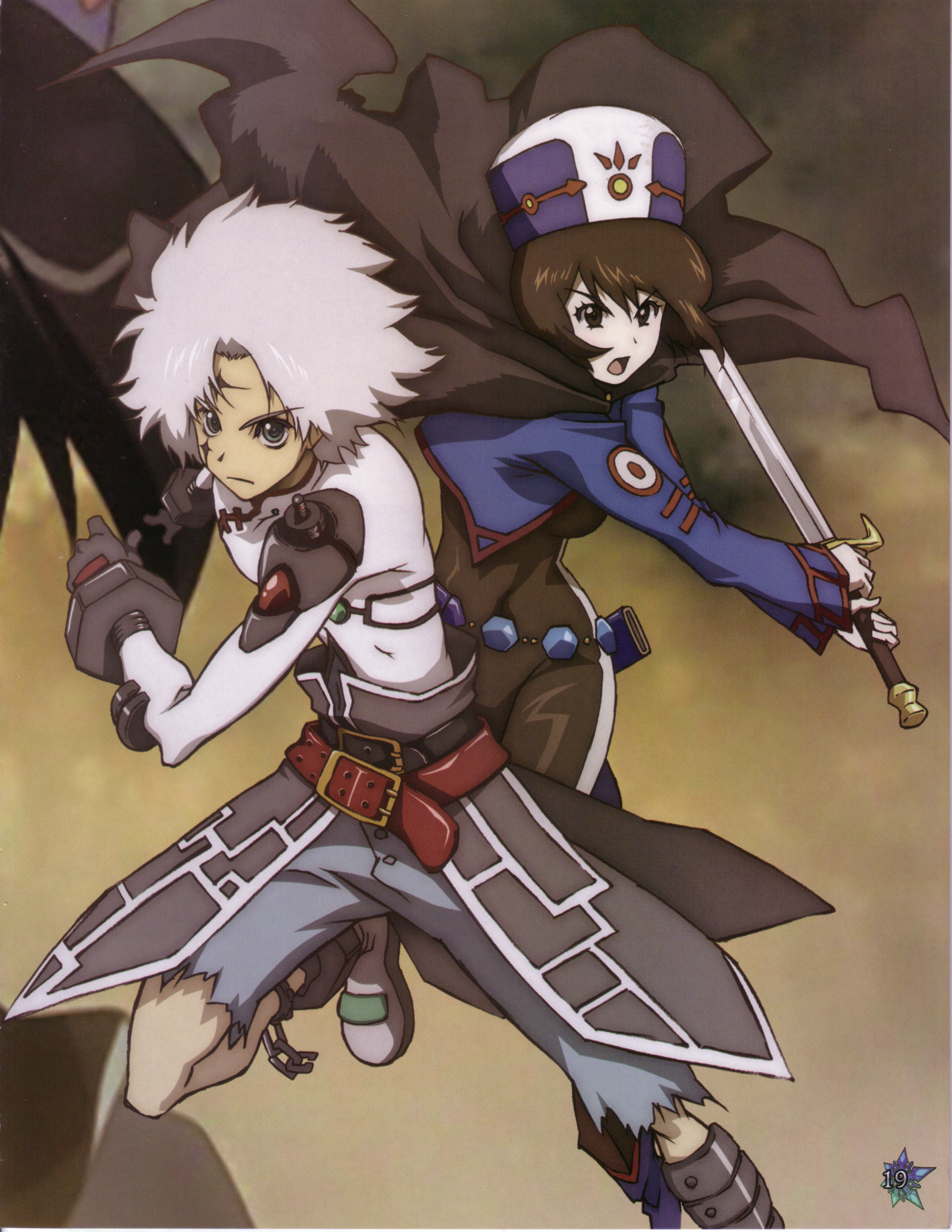 nakazawa kazuto, chloe valens, senel coolidge, tales of (series), tales of legendia, absurdres, highres, official art, scan, 1boy, 1girl, aqua eyes, back-to-back, battle, belt, black hair, bob cut, bodysuit, boots, brown background, brown eyes, cape, chain, cuffs, gloves, open mouth, short hair, shorts, skin tight, sword, torn clothes, weapon, white hair