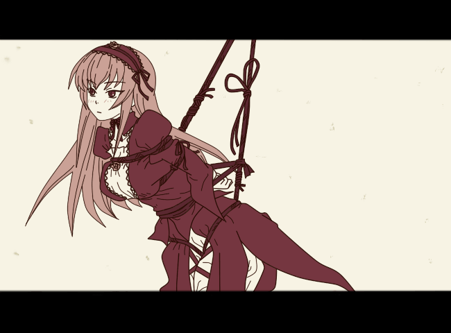 suigintou, rozen maiden, sayonara zetsubou sensei, 1girl, alternate breast size (larger), bdsm, bondage, bound, female focus, hitotoshite jiku ga bureteiru, letterboxed, monochrome, parody, shibari, simple background, solo
