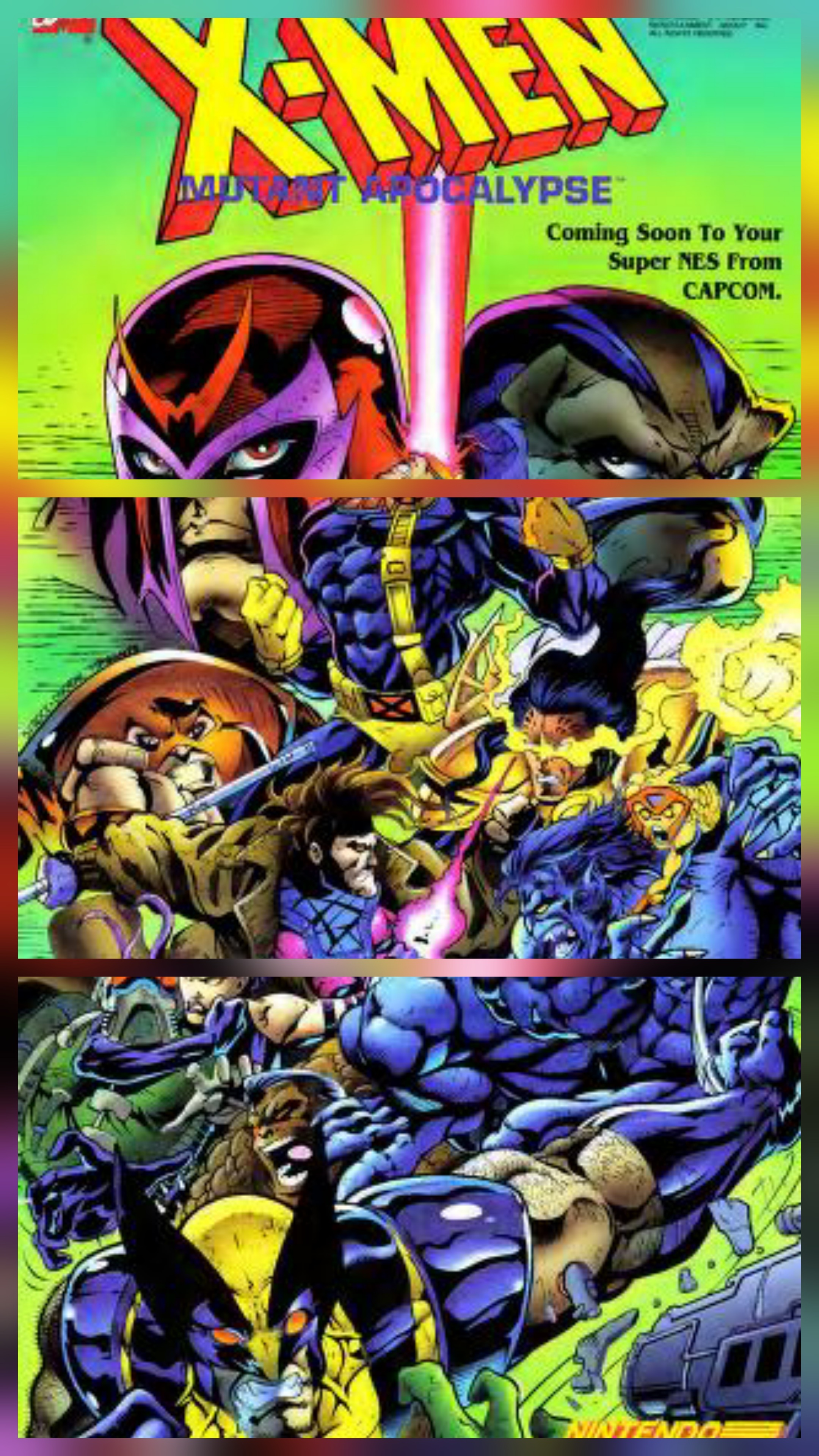 apocalypse (marvel), beast (x-men), cyclops (x-men), gambit, juggernaut (x-men), magneto, psylocke, wolverine (x-men), capcom, marvel, nintendo, nintendo power, x-men, absurdres, highres, official art, 1girl, 6+boys, angry, battle, claws, epic, exodus (x-men), expressionless, gloves, glowing, glowing eyes, gun, helmet, looking at another, looking at viewer, mask, multiple boys, open mouth, powering up, red eyes, red hair, serious, staff, weapon